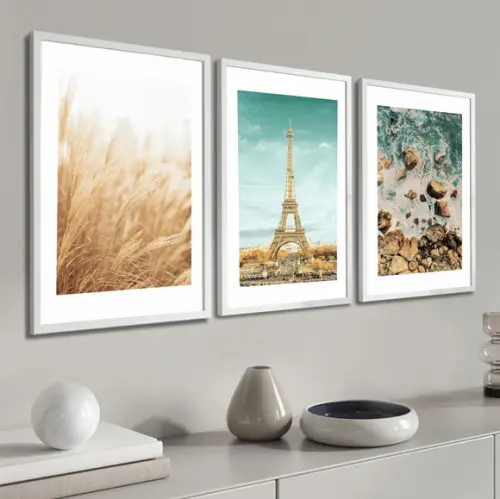 Kit 3 Quadros Decorativos Praia Paisagem Paris Com Moldura