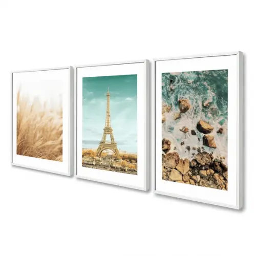 Kit 3 Quadros Decorativos Praia Paisagem Paris Com Moldura