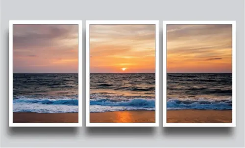 Kit 3 Quadros Decorativos Praia Por Do Sol Mar Ondas Moldura