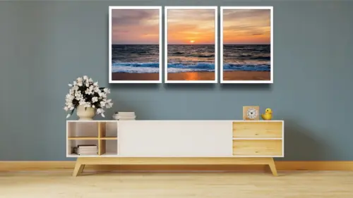 Kit 3 Quadros Decorativos Praia Por Do Sol Mar Ondas Moldura