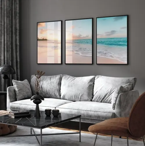 Kit 3 Quadros Decorativos Praia Pôr do Sol Moldura e Vidro