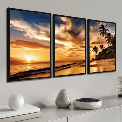 Kit 3 Quadros Decorativos Praia Pôr Do Sol Paisagem Moldura