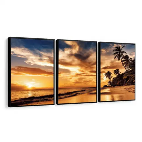Kit 3 Quadros Decorativos Praia Pôr Do Sol Paisagem Moldura