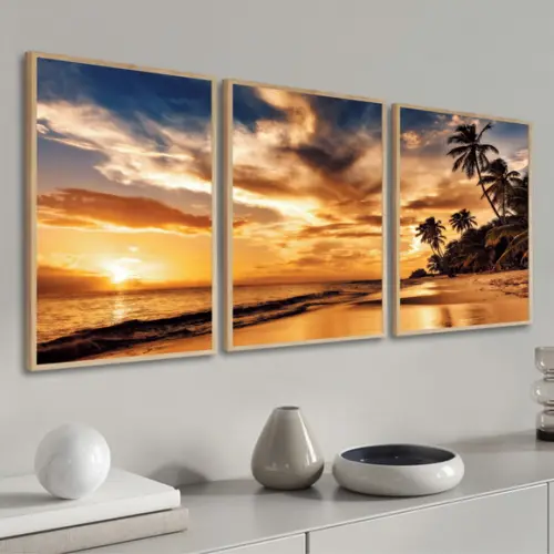 Kit 3 Quadros Decorativos Praia Pôr Do Sol Para Sala Moldura