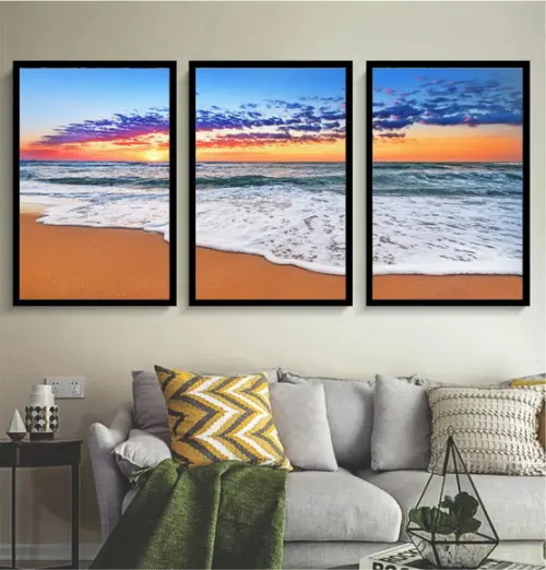 Kit 3 Quadros Decorativos Praia Pôr Do Sol Sala Com Molduras