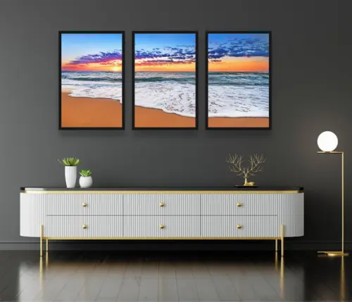 Kit 3 Quadros Decorativos Praia Pôr Do Sol Sala Com Molduras
