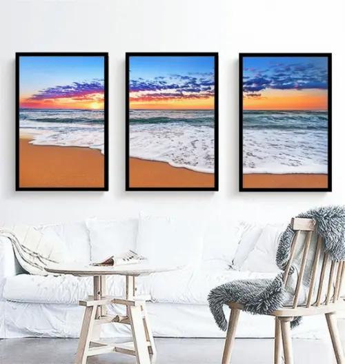 Kit 3 Quadros Decorativos Praia Pôr Do Sol Sala Com Molduras