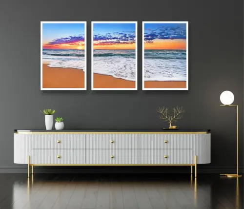 Kit 3 Quadros Decorativos Praia Pôr Do Sol Sala Com Moldura
