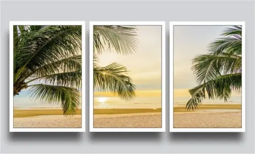Kit 3 Quadros Decorativos Praia Sol e Mar Coqueiros Moldura