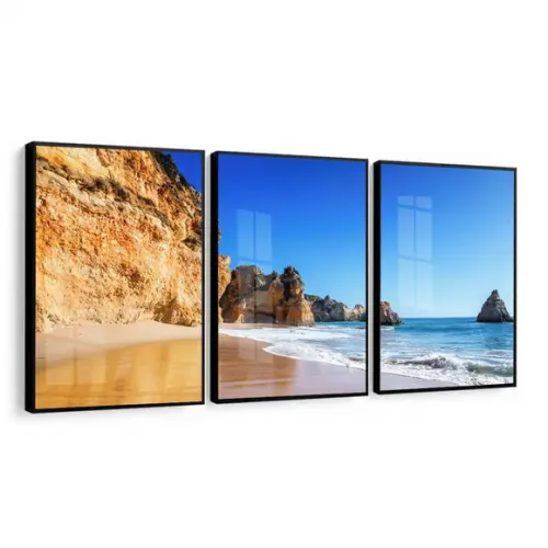 Kit 3 Quadros Decorativos Praia Praia Mar com Moldura Vidro
