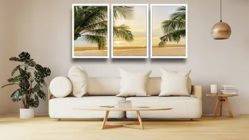 Kit 3 Quadros Decorativos Praia Sol e Mar Coqueiros Moldura