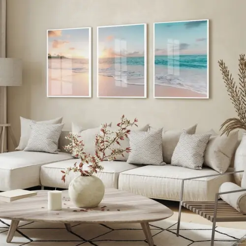 Kit 3 Quadros Decorativos Praia Sol Mar Azul Moldura e Vidro