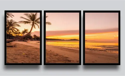 Kit 3 Quadros Decorativos Praias Pôr Do Sol Deck Com Moldura