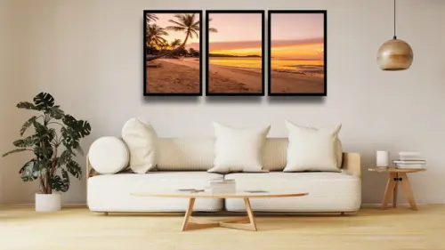 Kit 3 Quadros Decorativos Praias Pôr Do Sol Deck Com Moldura
