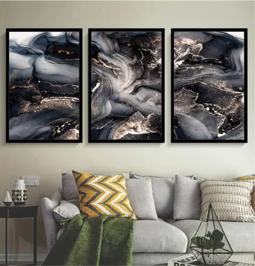 Kit 3 Quadros Decorativos Preto Dourado Sala Quarto Moldura