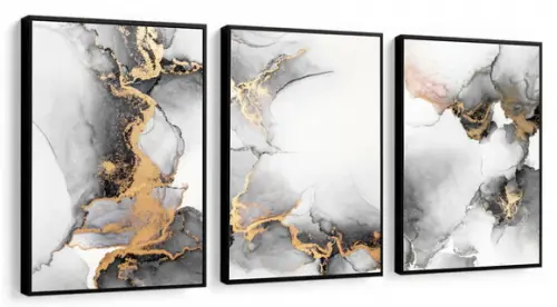 Kit 3 Quadros Decorativos Preto Gold Moderno Sala Moldura