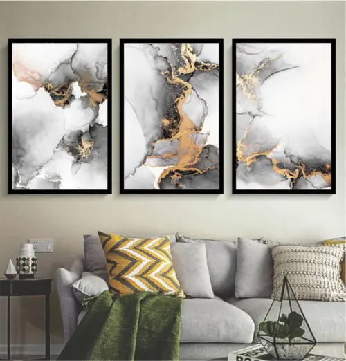Kit 3 Quadros Decorativos Preto Gold Moderno Sala Moldura