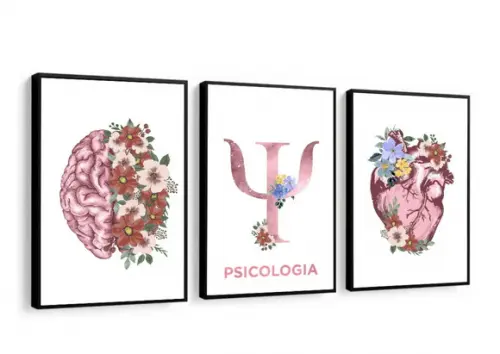 Kit 3 Quadros Decorativos Psicologia Cérebro Flores Moldura