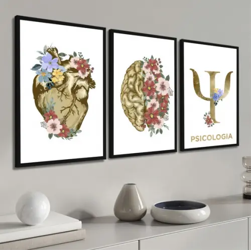 Kit 3 Quadros Decorativos Psicologia Consultório Com Moldura