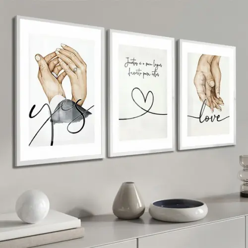 Kit 3 Quadros Decorativos Quarto Casal Frases Moldura Vidro