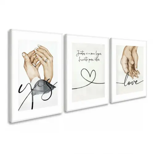 Kit 3 Quadros Decorativos Quarto Casal Frases Moldura Vidro