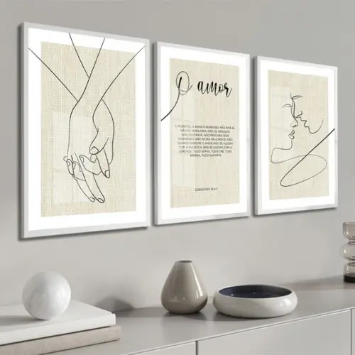Kit 3 Quadros Decorativos Quarto de Casal com Moldura Vidro