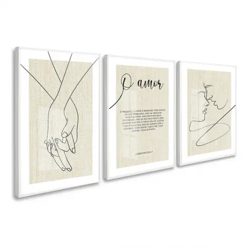 Kit 3 Quadros Decorativos Quarto de Casal com Moldura Vidro