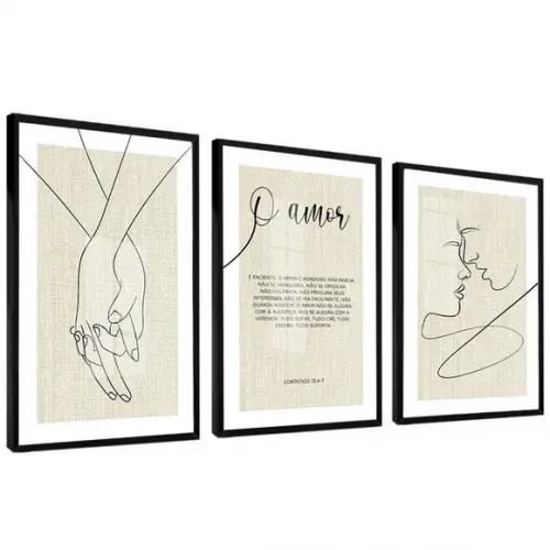 Kit 3 Quadros Decorativos Quarto de Casal Moldura e Vidro