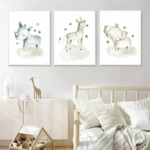 Kit 3 Quadros Decorativos Quarto Infantil Animais Moldura