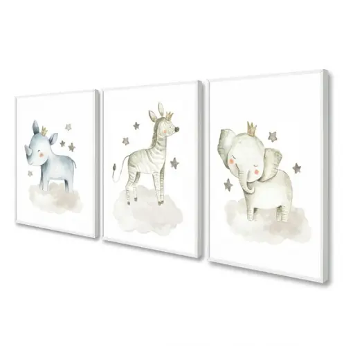 Kit 3 Quadros Decorativos Quarto Infantil Animais Moldura