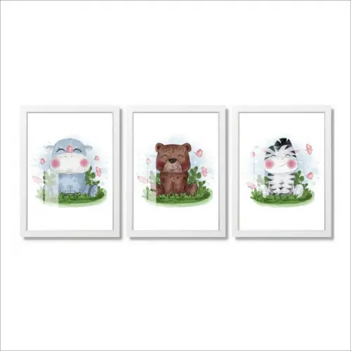 Kit 3 Quadros Decorativos Quarto Infantil Com Moldura Vidro
