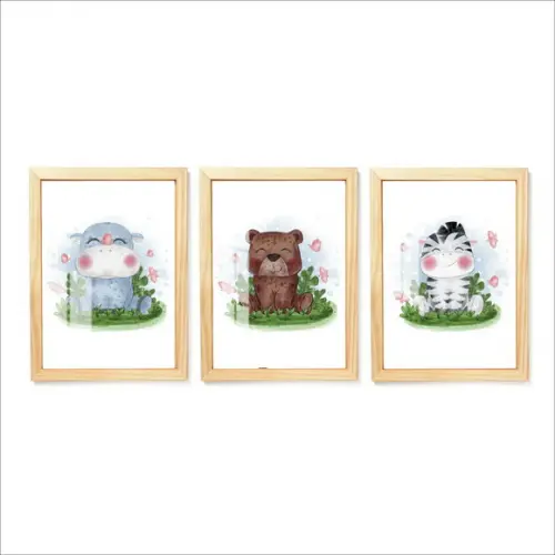Kit 3 Quadros Decorativos Quarto Infantil Moldura e Vidro