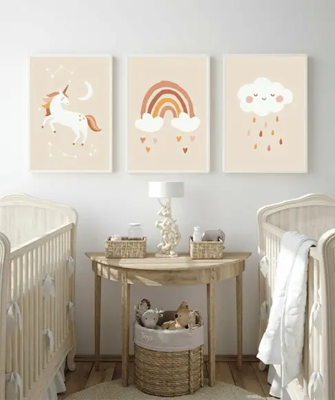 Kit 3 Quadros Decorativos Quarto Infantil Nuvem Rosa Moldura