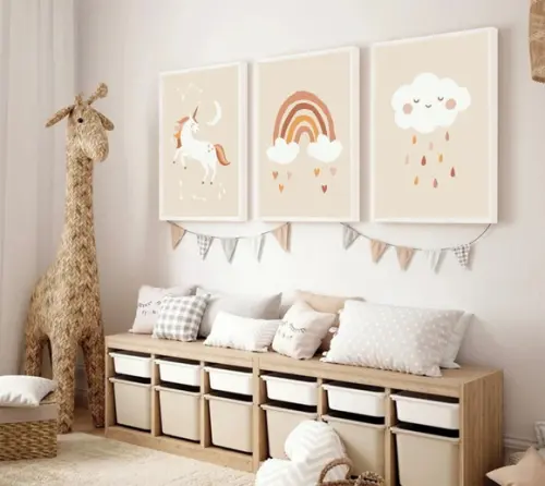 Kit 3 Quadros Decorativos Quarto Infantil Nuvem Rosa Moldura