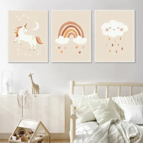 Kit 3 Quadros Decorativos Quarto Infantil Nuvem Rosa Moldura
