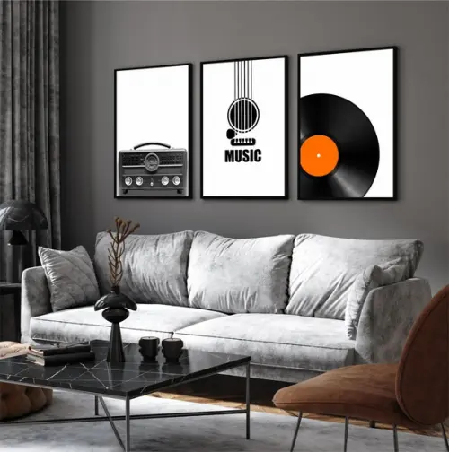 Kit 3 Quadros Decorativos Rádio Disco de Vinil com Moldura