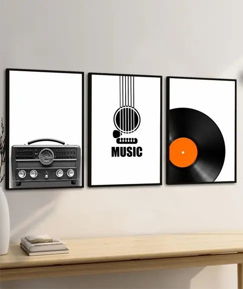 Kit 3 Quadros Decorativos Rádio Disco de Vinil com Moldura