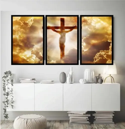 Kit 3 Quadros Decorativos Religioso Jesus Cristo Com Moldura