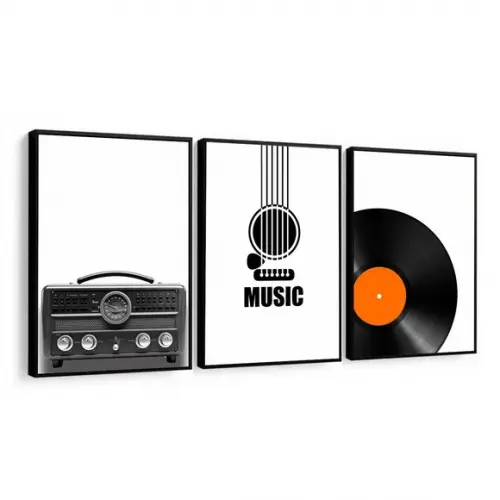 Kit 3 Quadros Decorativos Rádio Disco de Vinil com Moldura