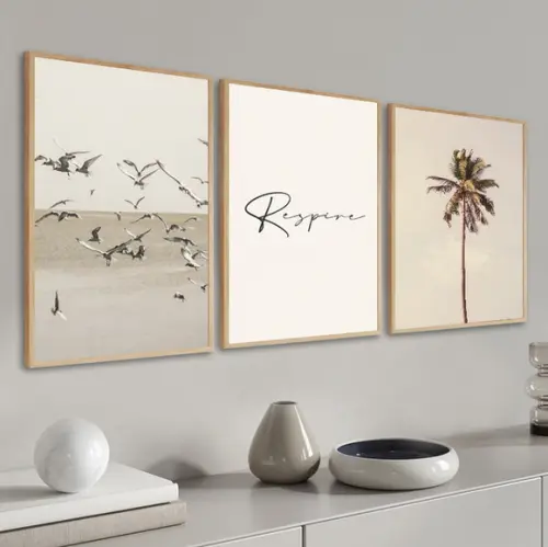 Kit 3 Quadros Decorativos Respire Mar Boho Paisagem Moldura