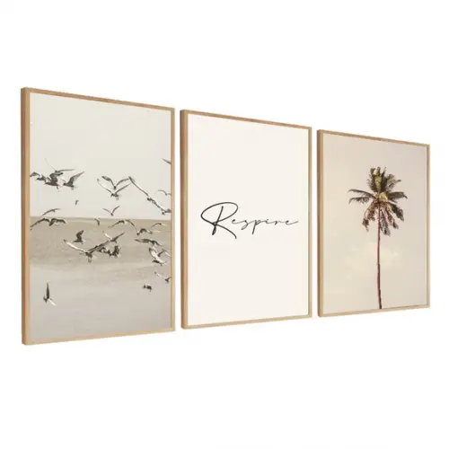 Kit 3 Quadros Decorativos Respire Mar Boho Paisagem Moldura