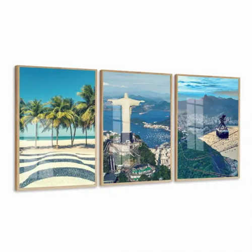 Kit 3 Quadros Decorativos Rio de Janeiro com Moldura e Vidro