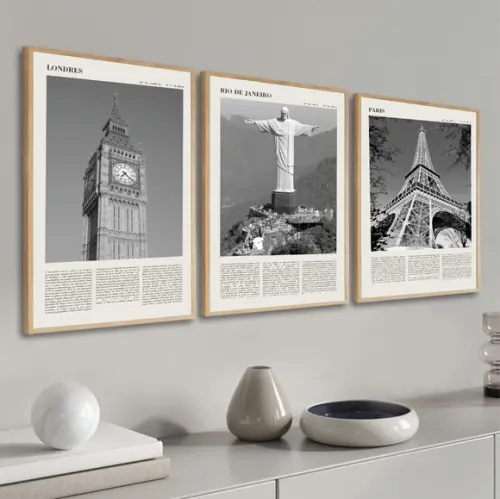 Kit 3 Quadros Decorativos Rio Londres E Paris Com Moldura