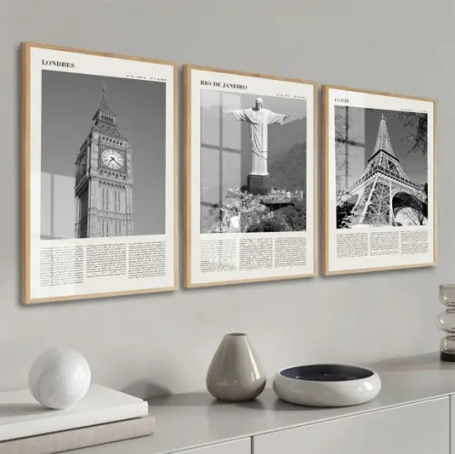 Kit 3 Quadros Decorativos Rio Londres e Paris Moldura Vidro