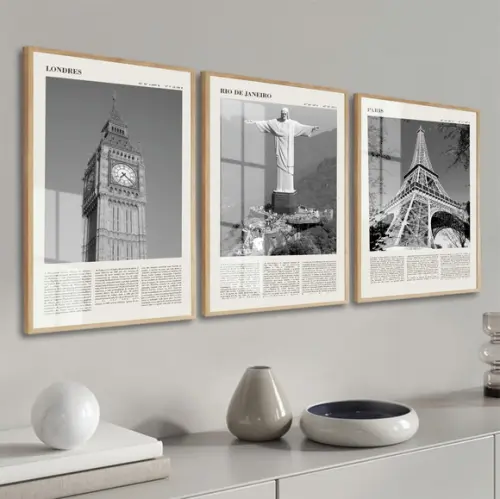Kit 3 Quadros Decorativos Rio Londres E Paris Moldura Vidro