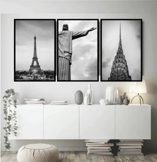 Kit 3 Quadros Decorativos Rio Paris Nova York Preto e Branco