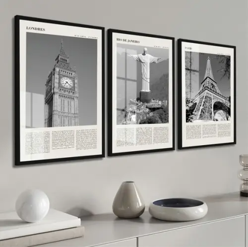 Kit 3 Quadros Decorativos Rio Londres Paris Moldura E Vidro