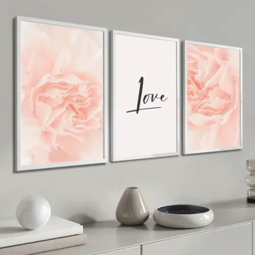 Kit 3 Quadros Decorativos Rosas Love Quarto Casal Moldura