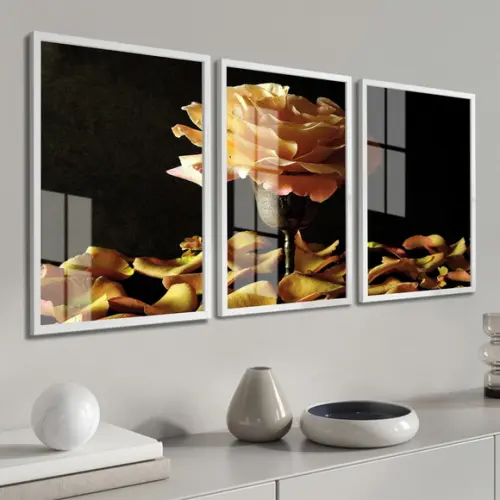 Kit 3 Quadros Decorativos Rosa Amarela com Moldura e Vidro