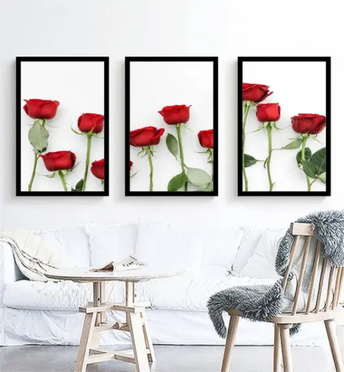 Kit 3 Quadros Decorativos Rosas Vermelhas Flores Com Moldura